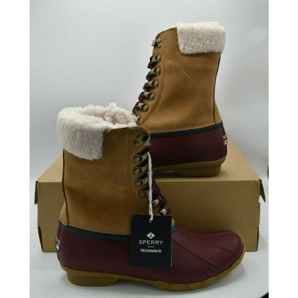 NWB Sperry Womens Size 7 M Saltwater Tall Leather Cozy Tan Duck Boots STS85401 - Picture 6 of 11